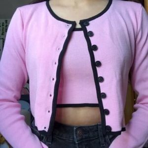 Contrast Trim buttoned cardigan and tank